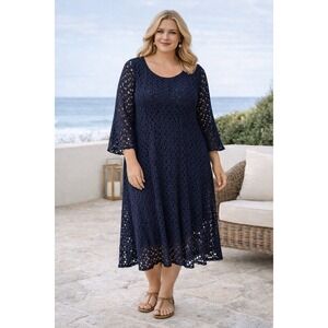 Chris McLaughlin Crochet Lace Dress Women's 20W Navy Boho Midi Flowy Plus Size
